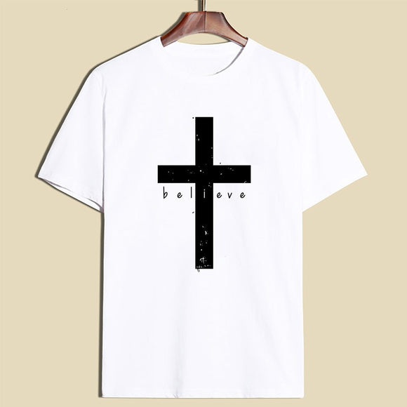 Casual T-Shirt Jesus Believe Cross White Shirt