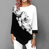 Spring Summer 3/4 Sleeve Print T-Shirts Irregular Women Clothing Fashion Casual Plus Size Loose Pullovers Tee Shirt Femme Tops