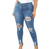 Plus Size Button Up Light Blue Ripped Skinny Long Jeans