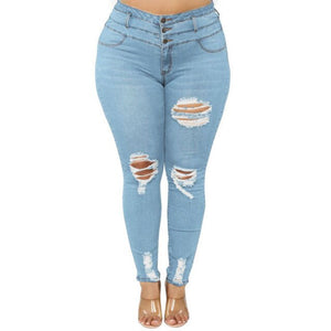 Plus Size Button Up Light Blue Ripped Skinny Long Jeans