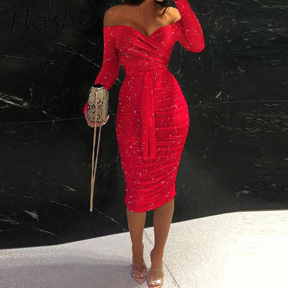 Sexy Long Sleeve Off the Shoulder Bodycon  Dress
